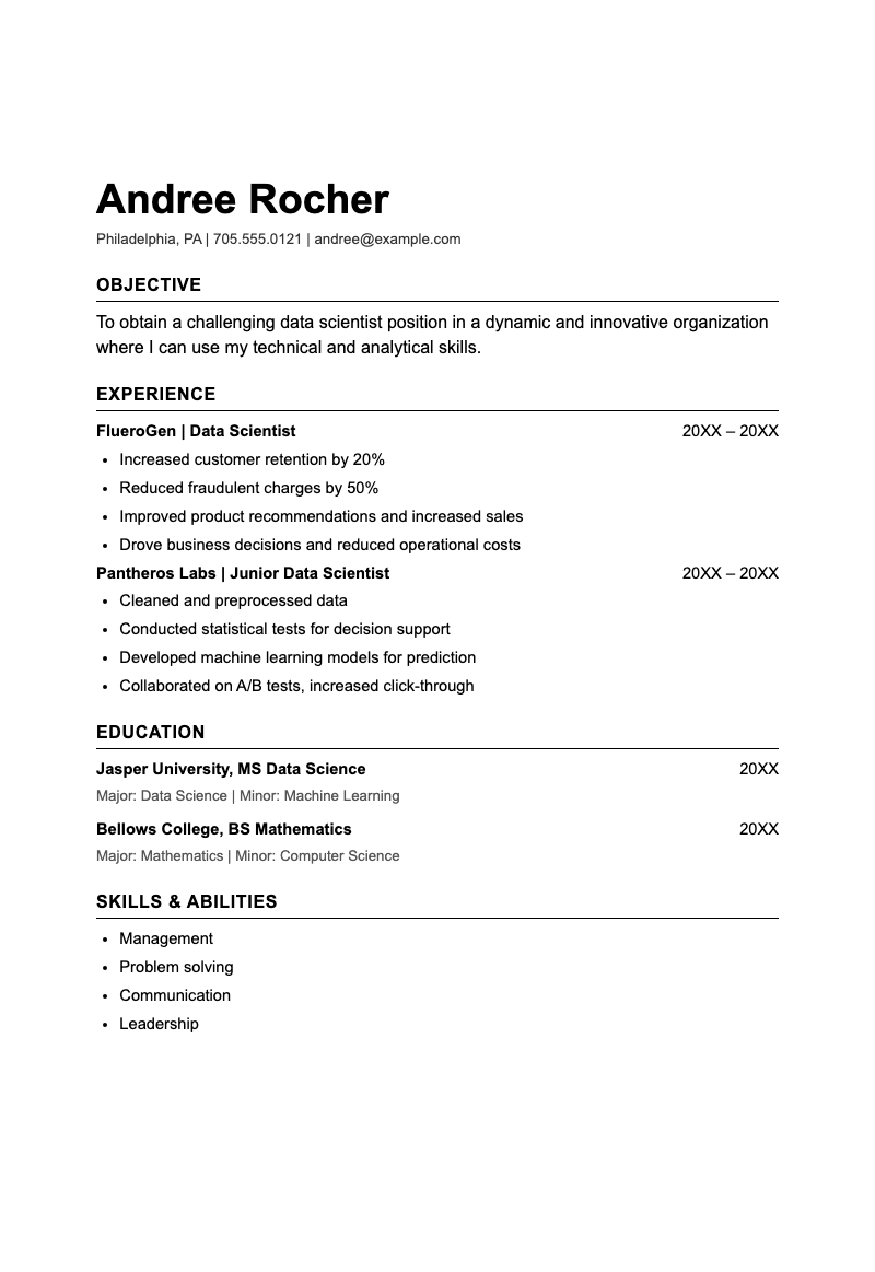 ATS bold classic resume - Clean, classic template highlighting data science experience and education for job seekers.